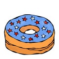 Sweet Donut with Blue Sugar Glaze and American Flag Stars Topping. Pastry Shop, Confectionery Design. Round Doughnut with Holes. B