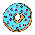Sweet Donut with Blue Sugar Glaze and Pink Round Confetti Topping. Pastry Shop, Confectionery Design. Round Doughnut with Holes. B