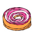 Sweet Donut with Ligth Pink Swirl Sugar Glaze Topping. Pastry Shop, Confectionery Design. Round Doughnut Dessert. Realistic Hand D