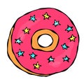 Sweet Donut with Pink Sugar Glaze, Blue and Yellow Stars Topping. Pastry Shop, Confectionery Design. Round Doughnut with Holes. Be