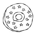 Sweet Donut with PSugar Glaze, Blue and Yellow Stars Topping. Pastry Shop, Confectionery Design. Round Doughnut with Holes. Best D