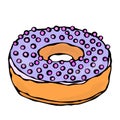 Sweet Donut with Violet or Lilac Sugar Glaze and Pink Round Confetti Topping. Pastry Shop, Confectionery Design. Round Doughnut De