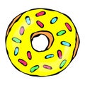 Sweet Donut with Yellow Sugar Glaze and Confetti Topping. Pastry Shop, Confectionery Design. Round Doughnut with Holes. Best Desse