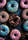 Sweet donuts in blue pink colors from top view. Assorted finest donuts