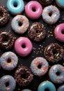 Sweet donuts in blue pink colors from top view.Assorted finest donuts