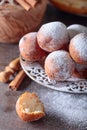 Sweet donuts, cinnamon sticks and powdered sugar Royalty Free Stock Photo