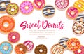 Sweet donuts.Colorful glazed pastries background. Honey,strawberry,chocolate and caramel toppings bakery with