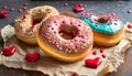 Sweet donuts decorated with small sweet red hearts on a table