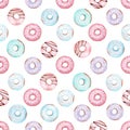 Sweet donuts digital paper watercolor clipart. Seamless pattern illustration.