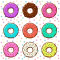 Sweet donuts set with icing and sprinkles isolated, background. Vector Royalty Free Stock Photo