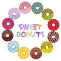 Sweet donuts set with icing and sprinkls isolated, pastel colors on white background round frame for text. Vector Royalty Free Stock Photo