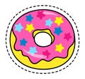 Sweet doughnut sticker or label with dotted line around, sweet bakery dessert with sugar stars