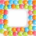 Sweet dragee display Rainbow colored candies with multicolored glaze, close up