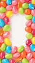 Sweet dragee display Rainbow colored candies with multicolored glaze, close up