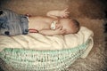 Sweet dream concept. Newborn boy with pacifier asleep in crib Royalty Free Stock Photo