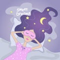 Sweet dream girl. Vector illustration. Goodnight.