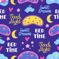 Sweet dream seamless pattern. Artwork tired baby sleep suit print, masks and good night phrases. Girly pajama party