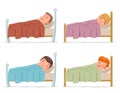 Sweet dream sleep man woman children boy girl bed rest night blanket pillow cartoon isolated set design vector