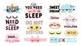 Sweet dream. Sleeping slogan and good night elements cute eye mask, pillow, moon and clouds. Posters for bedroom or Royalty Free Stock Photo