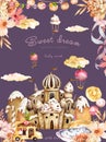 Sweet land watercolor illustration, wonderland. Cartoon fantasy candy houses and fairy tale sweet castles. Chocolate