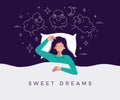 Sweet dreams banner. Happy young woman is fast asleep, having a good dream. Girl is lying in the bed under soft duvet