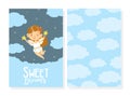 Sweet Dreams Card Template, Adorable Smiling Girl Angel Flying in Sky, Invitation, Greeting Card Cartoon Vector Royalty Free Stock Photo