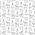 Sweet Dreams Seamless Pattern. Hand drawn doodle childrens background. Moon and Candles good night design