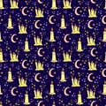 Wax candle and crescent seamless pattern. Burning wax light