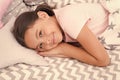 Sweet dreams. Girl happy child lay bed pillow and blanket bedroom. Lullaby concept. Ways to fall asleep faster. Fall Royalty Free Stock Photo
