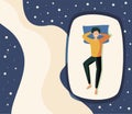 Sweet dreams, good health concept. Young man sleeps on side. Vector illustration of boy in bed, night sky, stars. Advert of Royalty Free Stock Photo