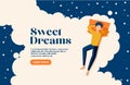 Sweet dreams, good health concept. Young man sleeps on side. Vector illustration of boy in bed, night sky, stars. Royalty Free Stock Photo