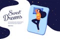 Sweet dreams, good health concept. Young woman sleeps on side. Vector illustration of girl and cat in bed, night sky