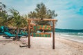 sweet dreams inscription on a wooden Board the name of the hotel and the beach on a tropical island.. Koh Rong Samloem, Saracen