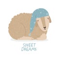 Sweet Dreams lettering quote and cute sheep character wearing nightcap isolated on white