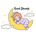 Cute girl sweet dreams sleeping on moon cartoon illustration