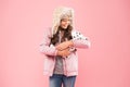 Sweet dreams. pet care concept. little child warm puffer jacket. fashionable kid earflap hat. winter fashion. childhood