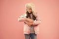 sweet dreams. pet care concept. little child warm puffer jacket. fashionable kid earflap hat. winter fashion. childhood