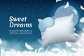 Sweet dreams poster. Realistic sleep mask and soft pillow. Comfortable bedding or healthy sleeping. White feathers on