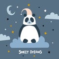 Sweet dreams quote with doodles. Cute cartoon panda vector design Royalty Free Stock Photo
