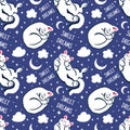 Sweet dreams seamless pattern with cute sleeping cats. Night vector background for textiles, clothes, wrapping paper