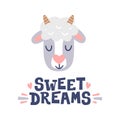 Sweet dreams. Sheep head and hand drawn quote. Cute animal face character for greeting cards, posters, logo, labels. Royalty Free Stock Photo