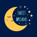 Sweet dreams text on darkness background Sleep moon with eyes on the sky around the stars Print Cute card banner logo