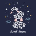 Sweet dreams vector illustration for kids. Cute sleeping sheep, clouds and stars.