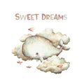 Sweet dreams. whale watercolor illustration. cute animals isolated on white background. whale flying in the clouds Royalty Free Stock Photo