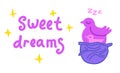 Sweet dreams wish card with two cute birds sleeping in nest.