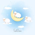 Sweet dream text with sheep jumping on cloud hand drawn illustration