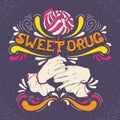 Sweet drug. Vector illustration of woman mouth biting lollipop and hands