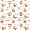 Sweet land watercolor seamless pattern, wallpaper isolated on white background, wonderland. Delicious castle, ice cream