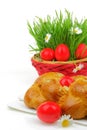 Sweet Easter bread with red eggs Royalty Free Stock Photo