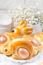 Sweet Easter bunny bread with egg. Royalty Free Stock Photo